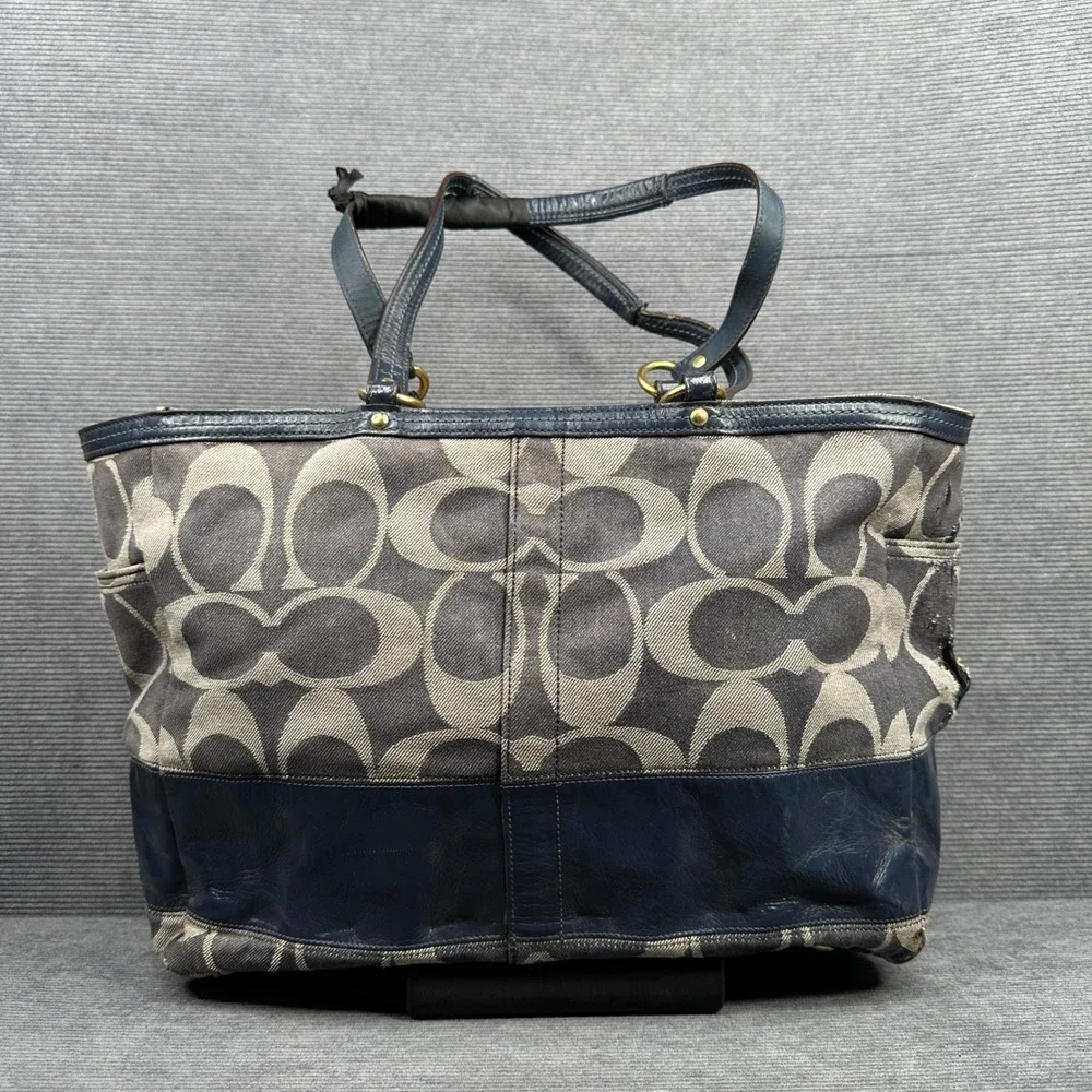 Coach Signature Diaper Bag Tote Navy Blue Grey Canvas Leather 12548 Vtg